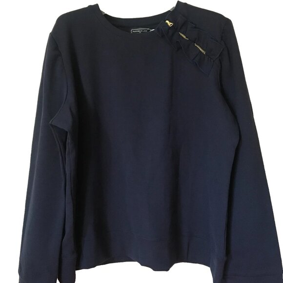 Duffield Lane Tops - Duffield Lane Delaine Pullover Sweatshirt Navy Women's 3XL Ruffle Zipper Accent